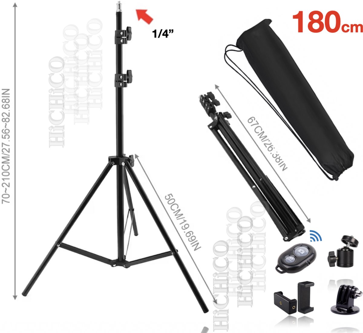 HiCHi® Telefoon Statief - Camerastatief - Tripod smartphone - Statief – Standaard - Tripod 180cm met Draagtas