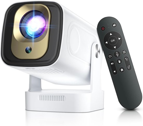 Mini beamer projector wit 1080p Full HD 12000 lumen Android 14.0 WiFi 6 Bluetooth 5.4 30-300″ scherm