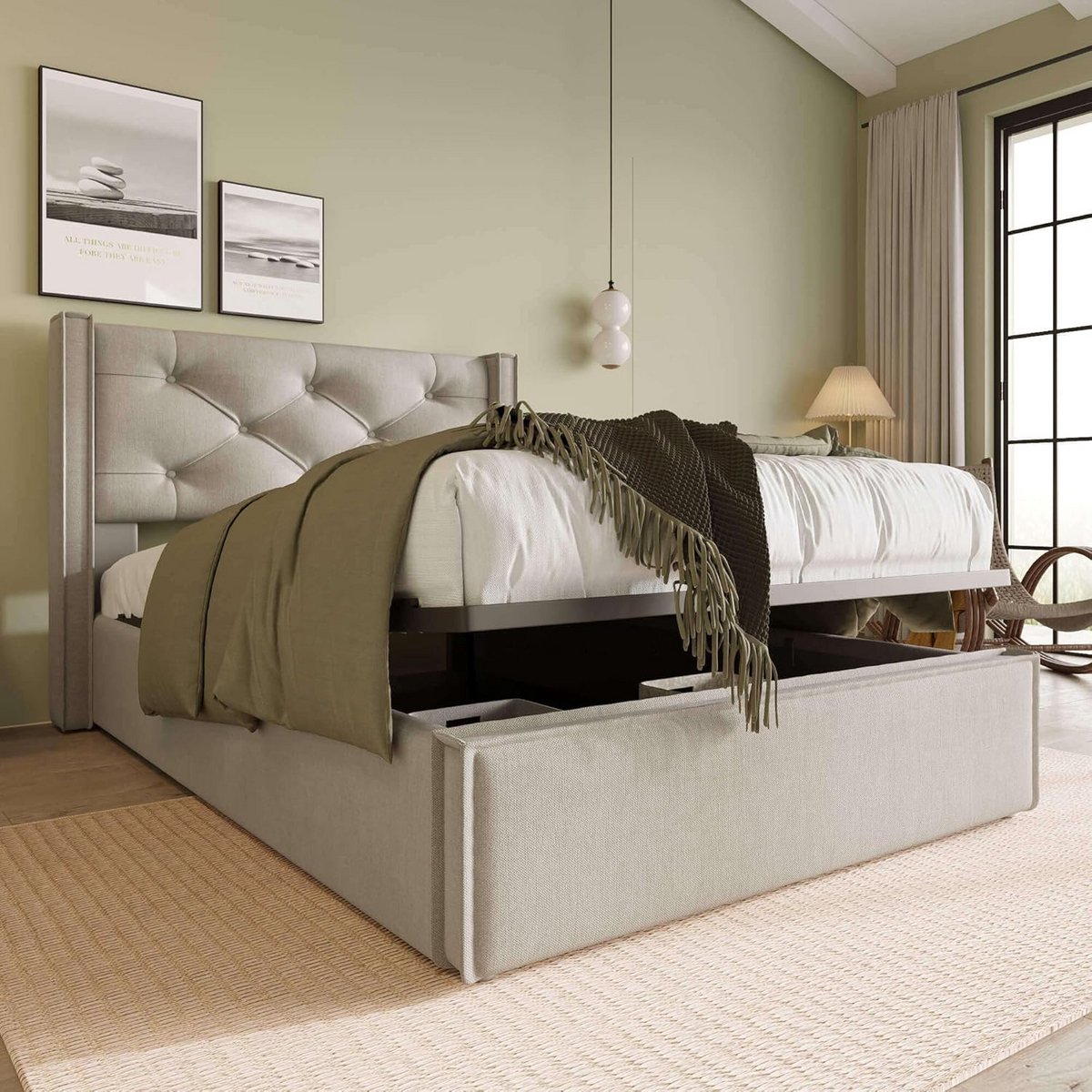 Eenpersoonsbed met opbergruimte 90x200 cm Gestoffeerd Bedframe met Lattenbodem