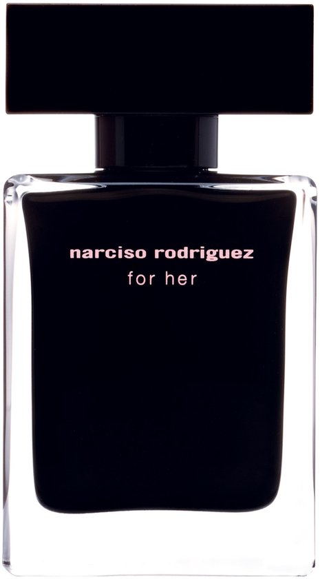 Zwarte parfumfles van Narciso Rodriguez 'for her' met glanzende zwarte dop.