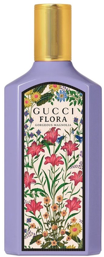 Bouteille violette de parfum Gucci Flora Gorgeous Magnolia avec étiquette florale détaillée et bouchon doré.