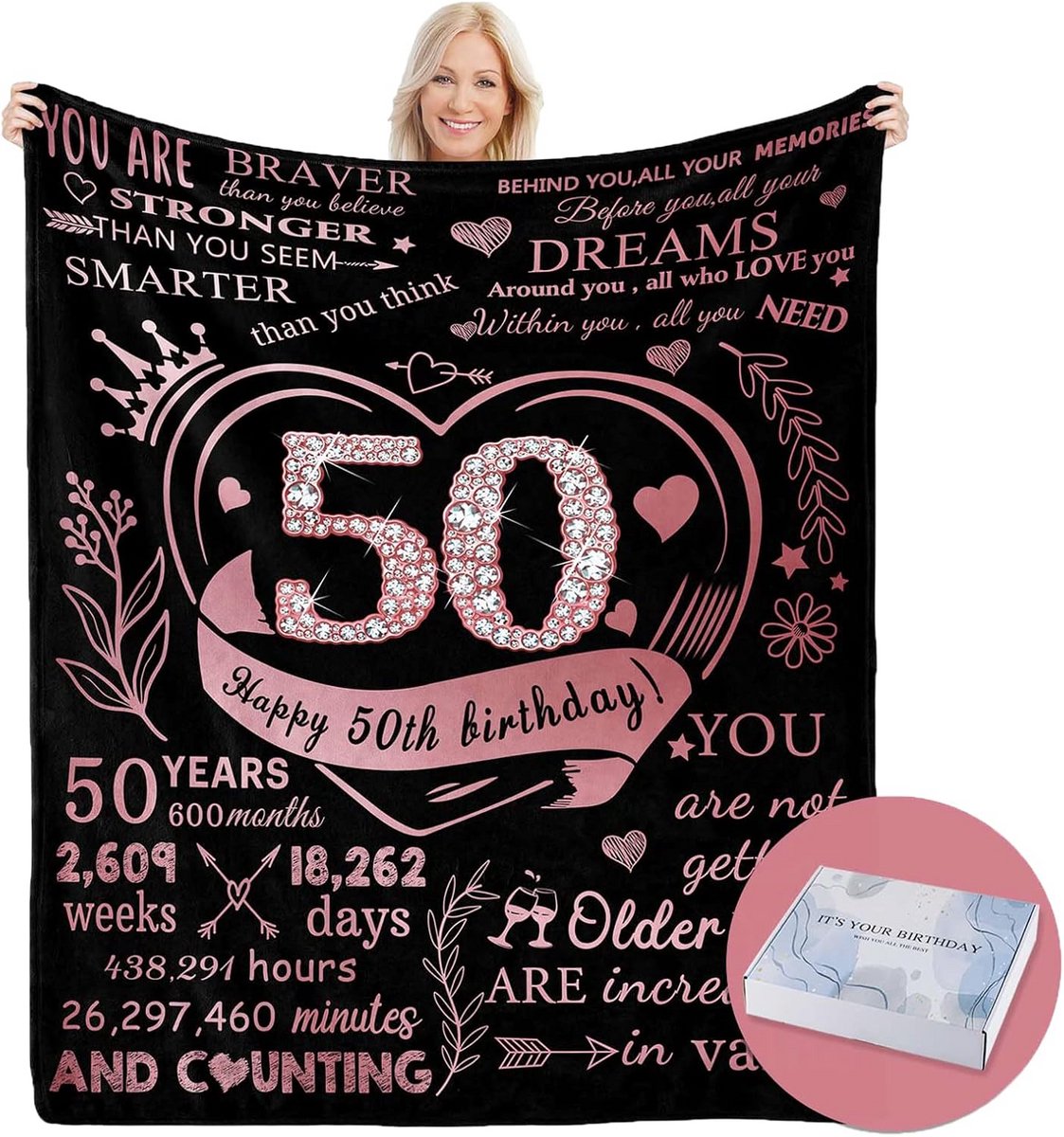 Luxe 50e Verjaardag Deken Cadeau voor Vrouwen | Warm Plaid met Geschenkdoos | 152 x 127 cm