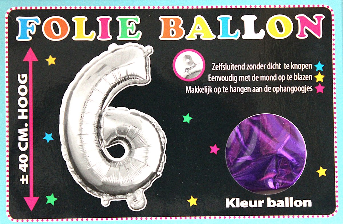 Folieballon - 6 - Cijfer Paars - 40cm - Folie - Ballon - Zelfsluitend - Eenvoudig Met Mond Opblazen - Ophangoogjes - Touche Cards