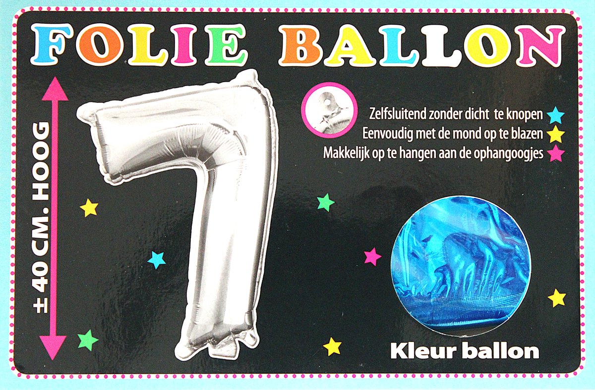 Folieballon - 7 - Cijfer Blauw - 40cm - Folie - Ballon - Zelfsluitend - Eenvoudig Met Mond Opblazen - Ophangoogjes - Touche Cards