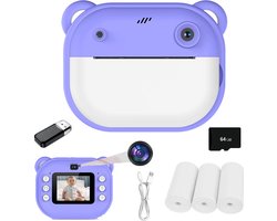 Kids Print Camera - Pocket printers - Mini cameraprinter - 1080P - Klik om foto's af te drukken - 64GB SD Kaart & Kaartlezer - Inktloos printen via Bluetooth in HD-kwaliteit - Compatibel met Android- en iOS-apps - Paars