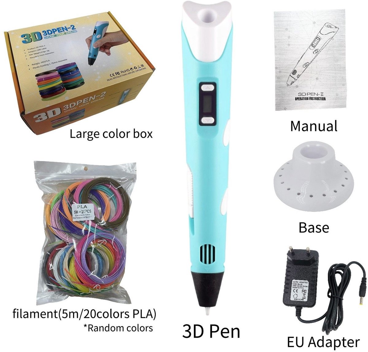 Merdoo 3D-pennen Hoge temperatuur - Veilig PLA-filament (20 kleuren × 5M) - USB-aansluiting, Fluisterstille koelneus, Instelbare temperatuur- en materiaalregeling