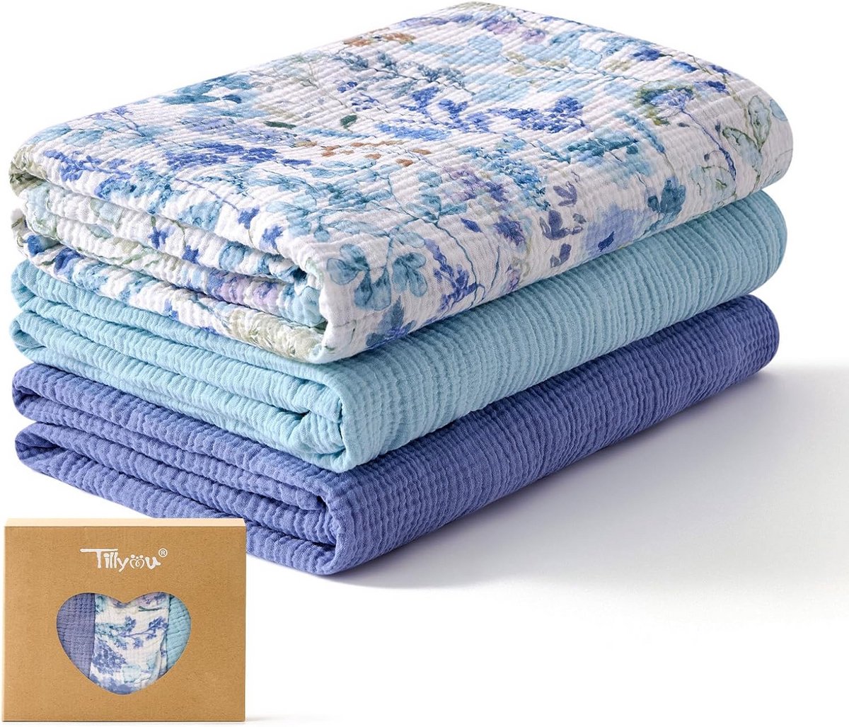 Set van 3 Mousselinedoeken voor Baby - 75 x 100 cm - 100% Katoen - Blauwe Bloemen