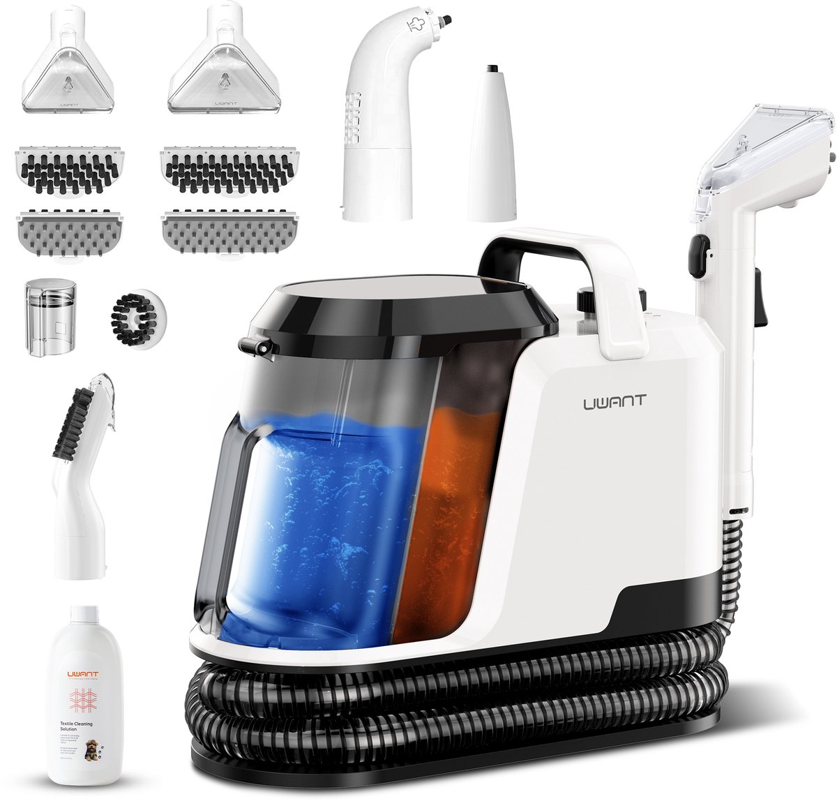 Uwant Y100 Tapijtreiniger, 18 kPa, 600 W, koude reiniging, 1,2 l schoon water/1,2 l vuil water, dubbelzijdige borstel, reinigingsmiddel, voegenborstel, 2 jaar garantie