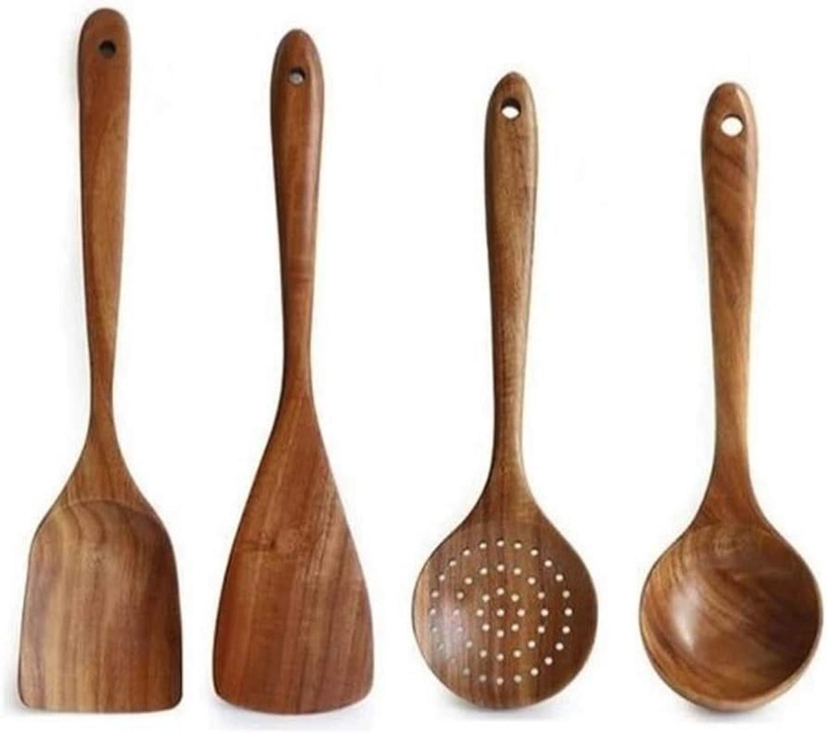 Houten Keukengerei Set - 4 Delige Spatel, Lepel en Zeef van Natuurlijk Hout