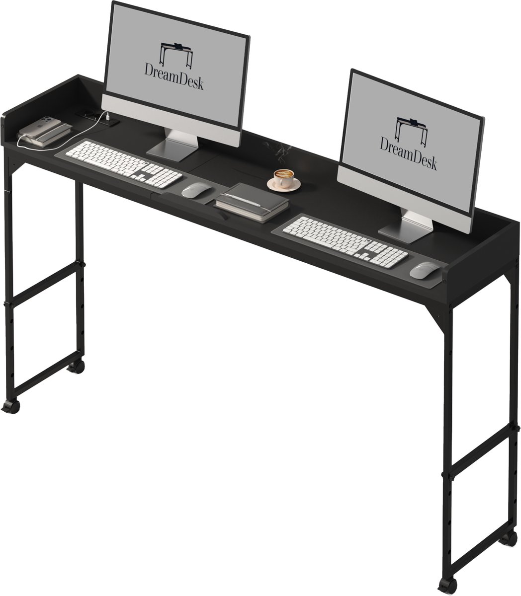DreamDesk Verrijdbaar Bureau op Wielen Laptop & Werkbureau – Standing Desk - Bureaublad - Sta Bureau - Overbed tafel - Bed tafel - Past Over Bed - Bedtafeltje - Verstelbare tafel - 180 cm – Midnight Black