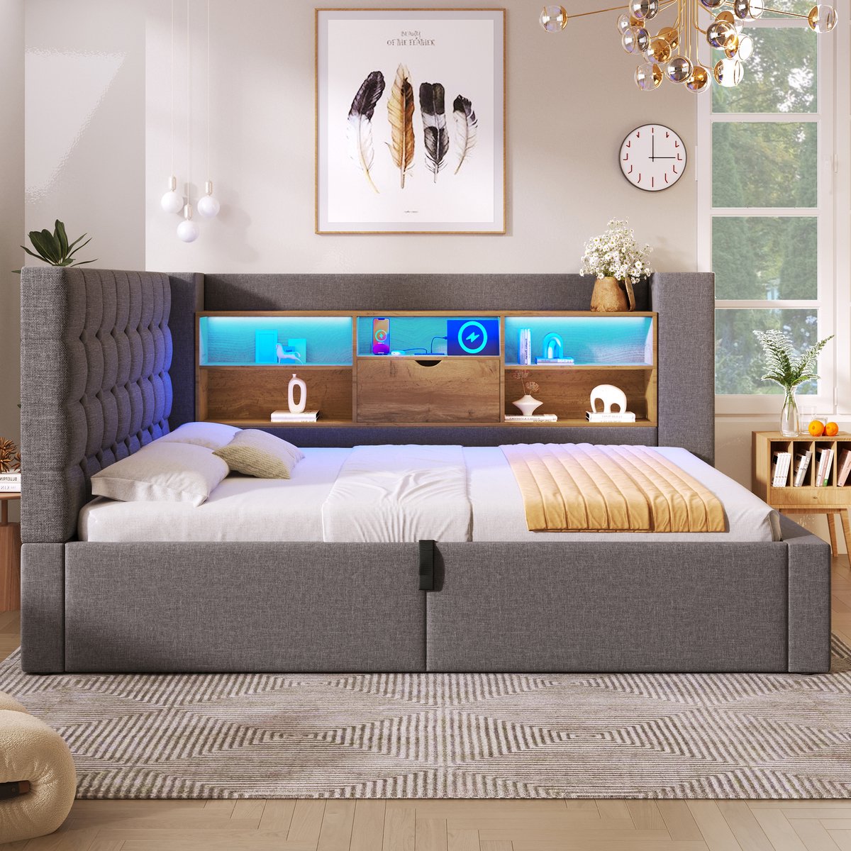 Merax Slaapbank 90x190 cm met LED-verlichting en opbergruimte - L-vormig hoofdeinde - omkeerbaar - grijs - zonder matras