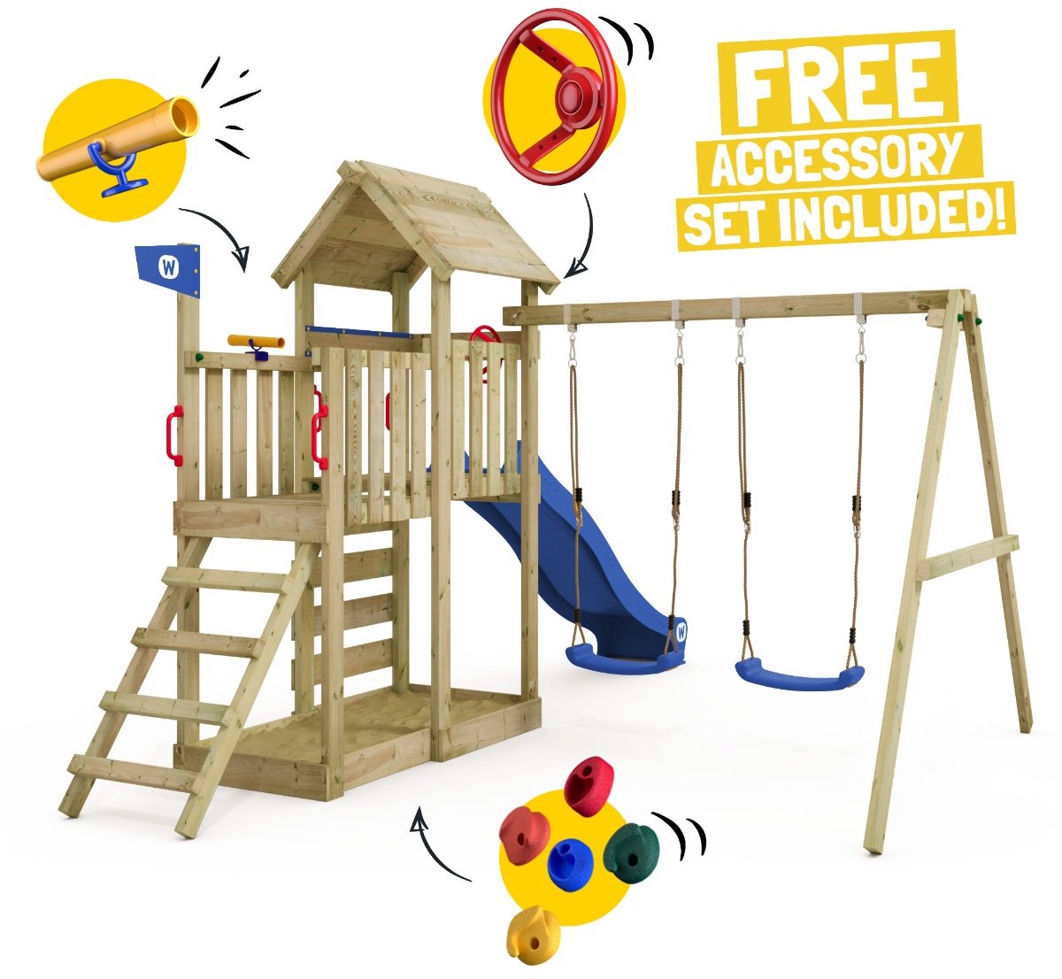 Wickey MultiFlyer Speeltoestel met Houten Dak - Dubbele schommel met Glijbaan - Klimwand & Zandbak - 293x406x260 cm - Rood — afbeelding 3