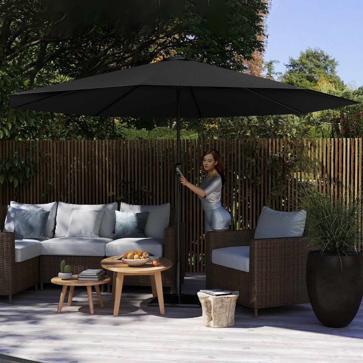 Aufun Zwevende Parasol Ø350cm met zwengel, UV-bescherming, Niet-Stuurbare tuinparasol voor terras, balkon en strand – Donkergrijs – foto 5