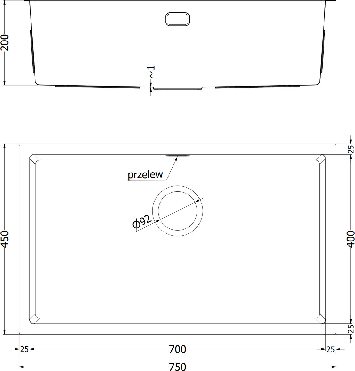 Mexen Trixo roestvrijstalen gootsteen 1-kamer 750 x 440 , zwart HC - 6415751000-70HC