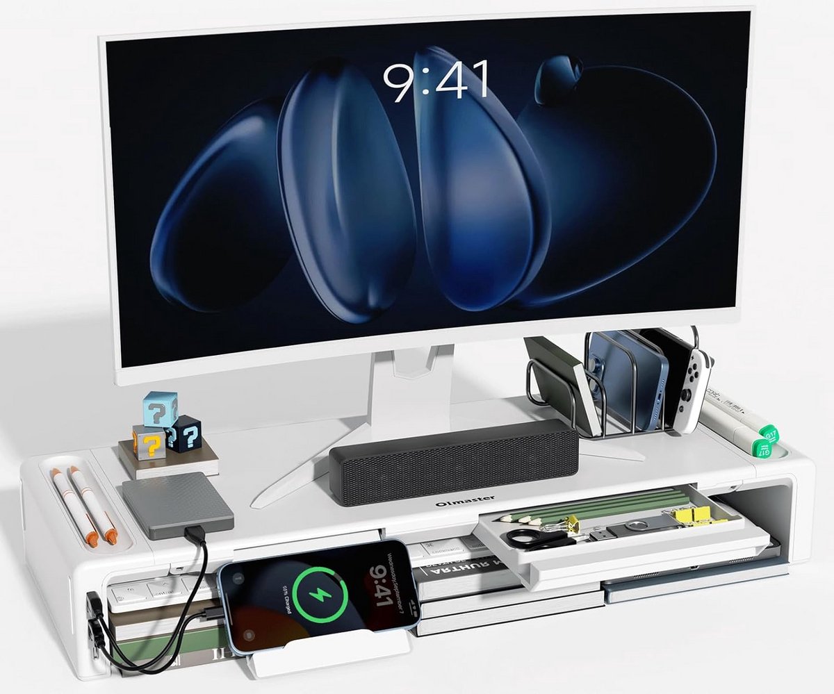 Monitor Stand Riser met Opberglade & Telefoonhouder - Vouwbaar Bureauopstel (Model A-Wit)