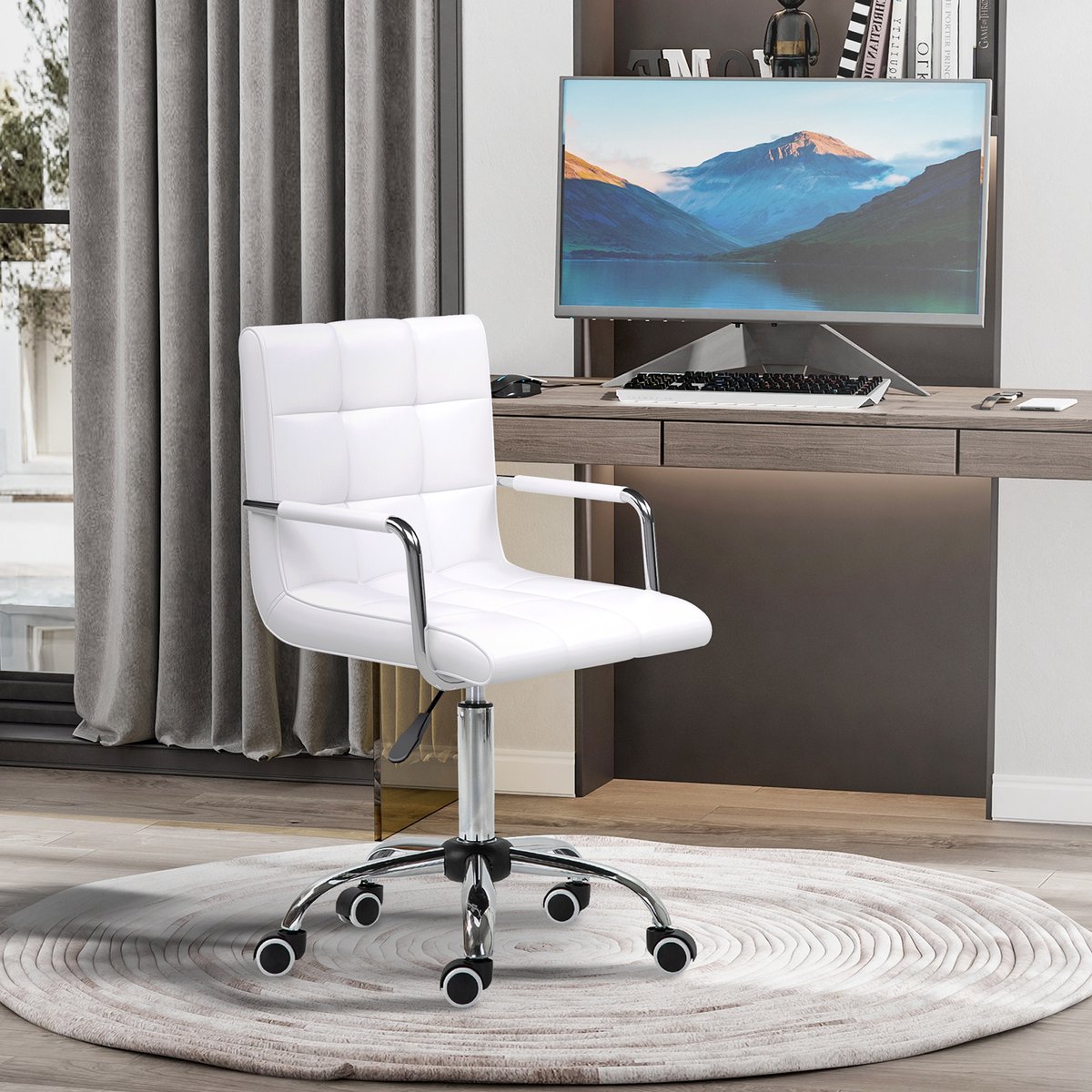 OKWISH Bureaustoel 84 Tot 99 Cm Hoogte Verstelbaar - Ergonomische Draaistoel Met Armleuningen - Voor Kantoor En Thuiswerk - PVC - Wit