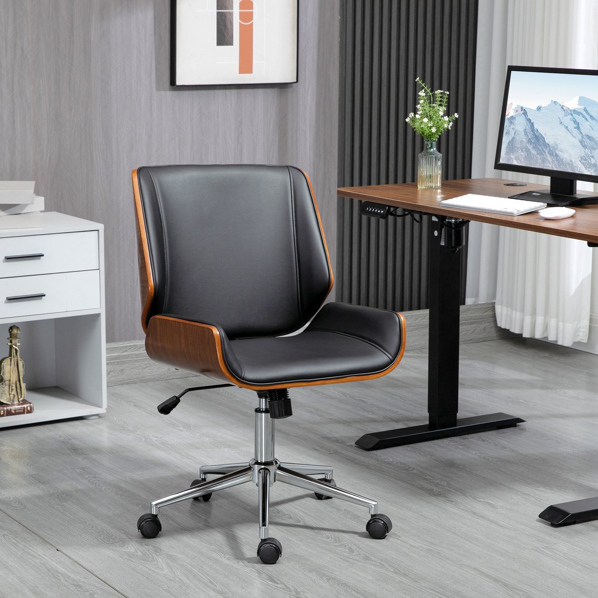 OKWISH Bureaustoel 53 X 60 X 86 96 Cm - In Hoogte Verstelbaar En Kantelbaar - Met Middelhoge Rugleuning - Bonded Leer - Zwart
