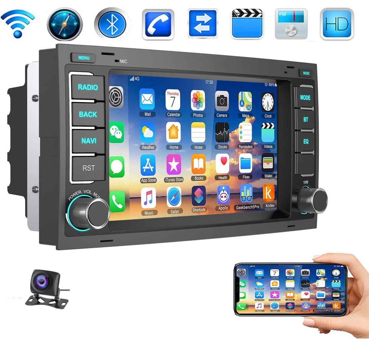 ESSGOO Autoradio 2+64GB met Carplay en Android Auto - voor Volkswagen VW T5 Transporter Touareg - 2-DIN radio - met 7-inch scherm - navigatiesysteem - Bluetooth USB FM RDS -Achteruitrijcamera