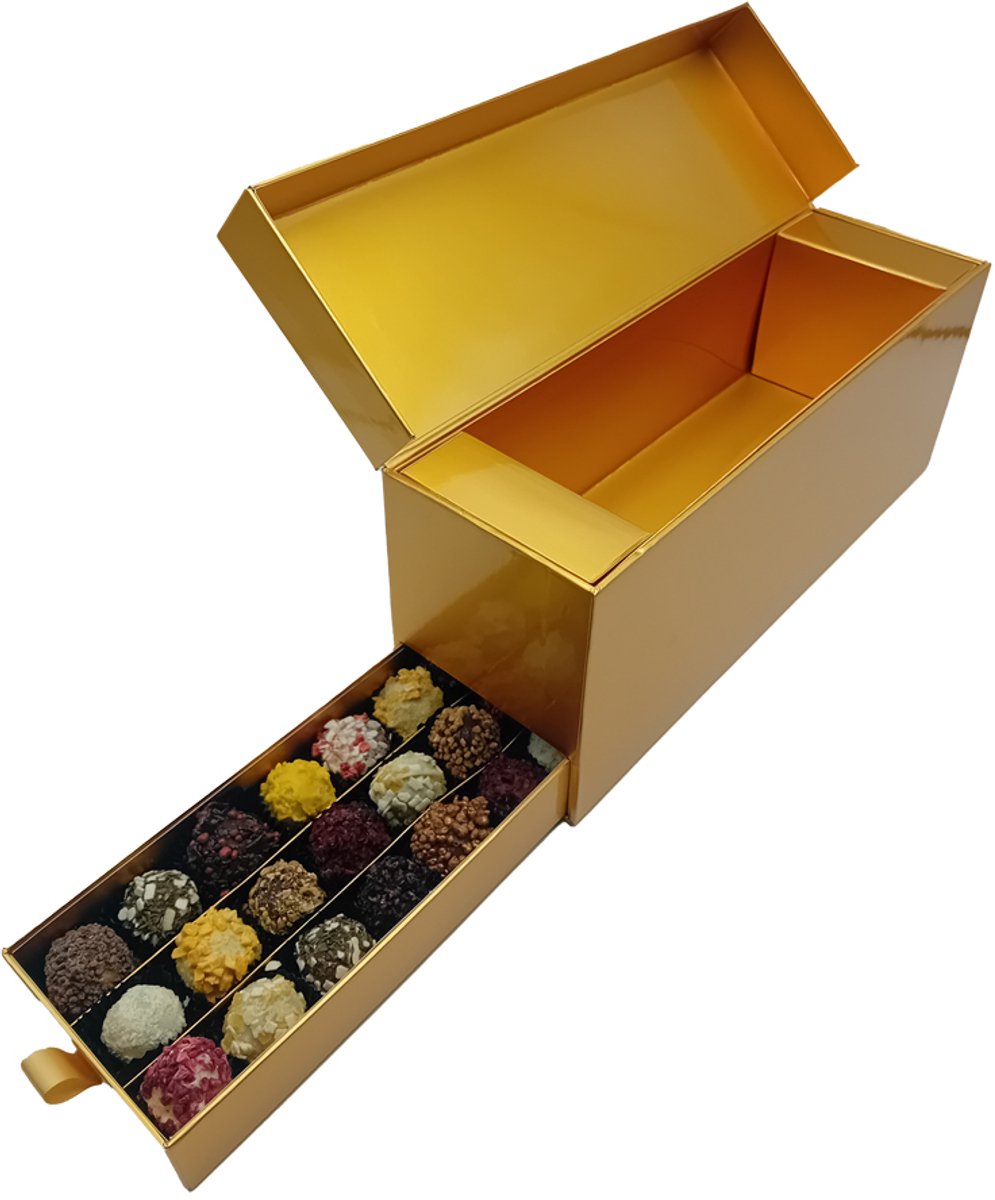 Ladebox goud leeg: cadeaubox met luxe chocolade truffels(zelf te vullen met je eigen drank)-(Vegan_glutenvrij_chocolade_Pralines_Bonbons_cadeau_chocoladegeschenk_relatiegeschenk_kerstcadeau_chocolade truffels_truffels_kerstchocolade_wijn.