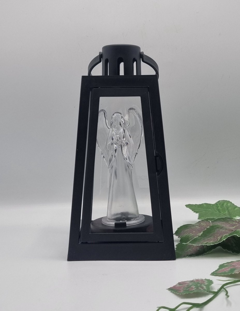 Lantaren - LED - Engel Groot - Zwart - Koud wit - Windlicht - Graflantaarn - Grafdecoratie