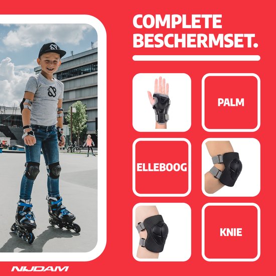 Jongen met skatingset: polsbeschermers, elleboog- en kniebeschermers. Text: COMPLETE BESCHERMSET, PALM, ELLEBOOG, KNIE.