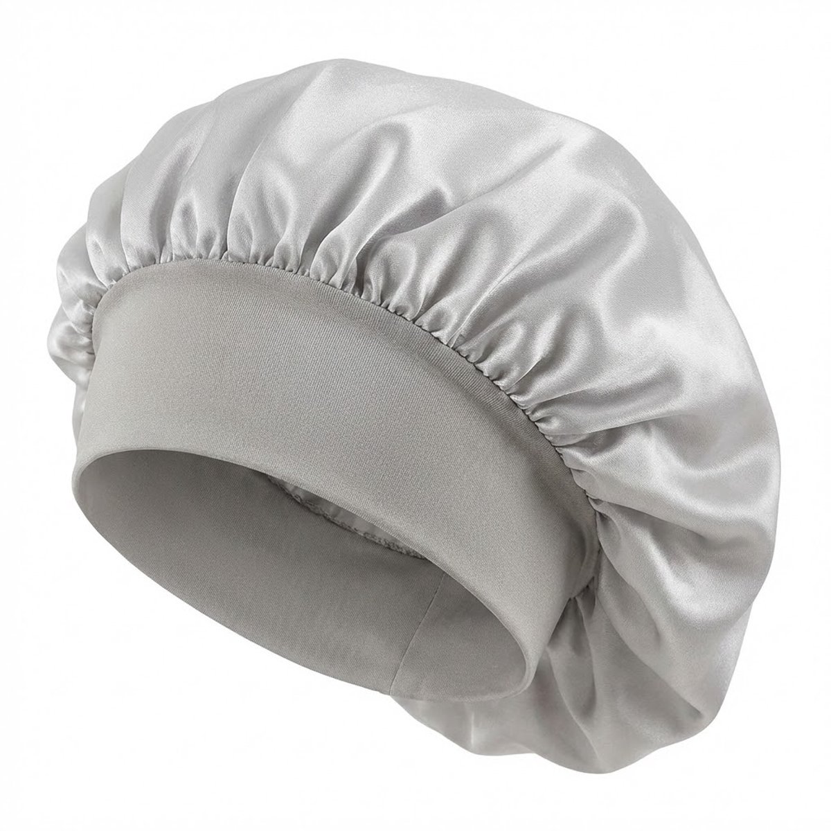 Zilverkleurige satijnen haar bonnet dames en heren – elastische slaapmuts met brede band – beschermende satijnen haarmuts tegen pluis en wrijving – antikroes slaap cap