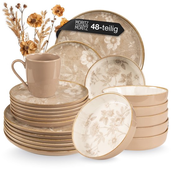Moritz & Moritz MARIELLA Service de table 48 pièces 12 personnes - Ensemble d'assiettes modernes en beige - Service à café avec assiettes, bols et tasses - Service de table combiné