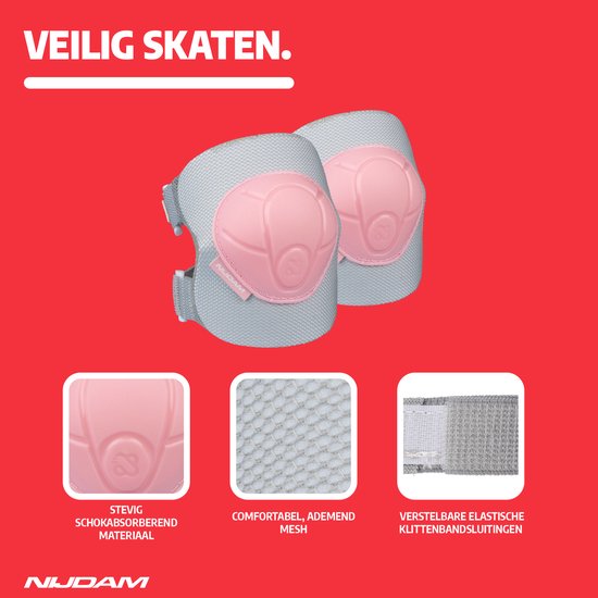 Grijze kniebeschermers met roze accenten en verstelbare klittenbandsluitingen.