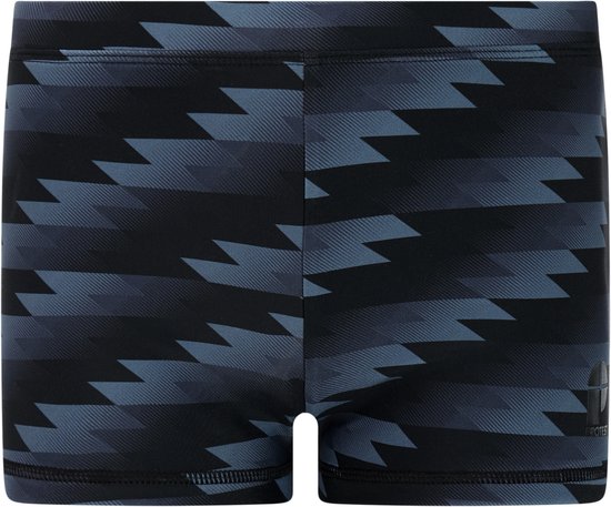 Zwarte zwembroek met een grafische print in blauwtinten en een Protest logo rechtsonder.