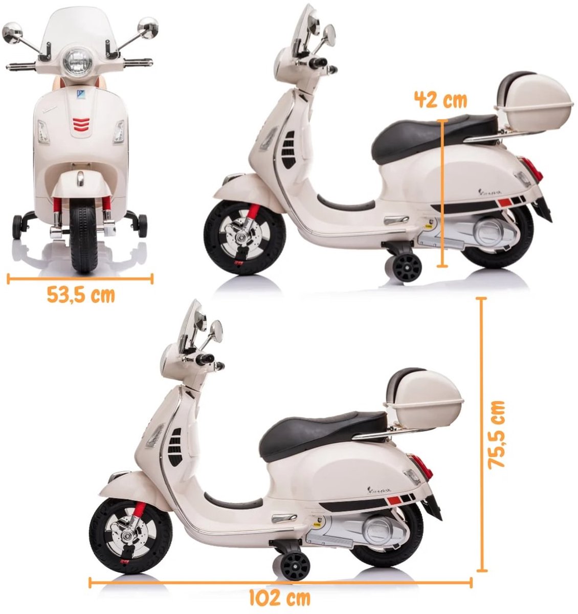 Vespa GT Full Option Elektrische Kinderscooter 3 tot 6 jaar – Officieel Gelicentieerde Kinder Vespa met Kofferbak & Verwijderbare Zijwieltjes – Li-ion Kindermotor met Kunstlederen Zitje, MP3 AUX & USB – Wit — afbeelding 4