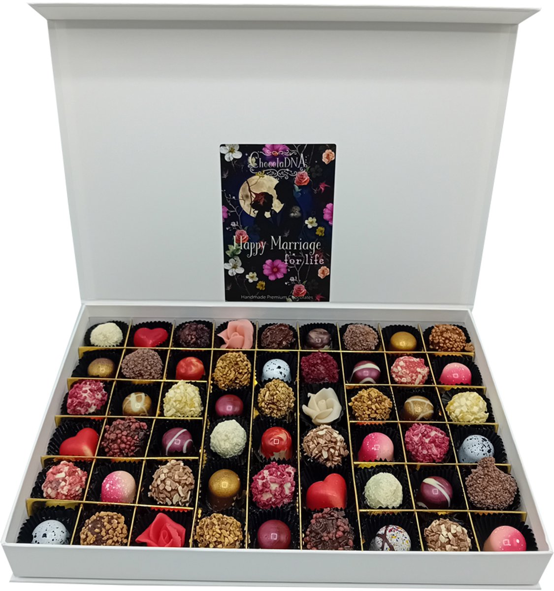 Happy Marriage' bruids-boxen Huwelijks Chocoladebox: Luxe trouwcadeau, huwelijkscadeau met handgemaakte Truffels en Bonbons Relatiegeschenk-chocoladecadeau-pralines-bonbons-verjaardagscadeau Huwelijk-bruiloft-trouwen-huwelijksgeschenk