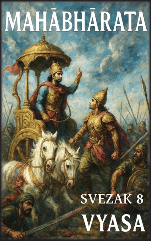 Mahabharata door Vyasa, met een strijdwagen en soldaten op een slagveld.