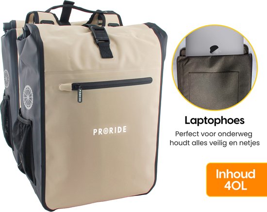 Beige dubbele fietstas met rolsluiting, mesh zijvakken en een detail van een laptop in een vak.