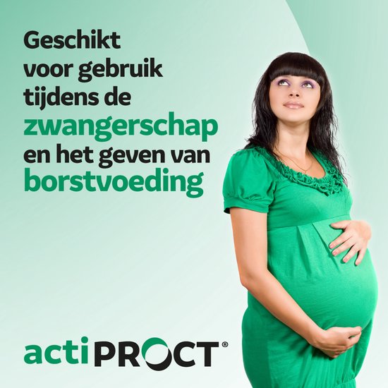 Zwangere vrouw in groene jurk, handen op buik. Tekst 'Geschikt voor gebruik tijdens de zwangerschap en het geven van borstvoeding'.
