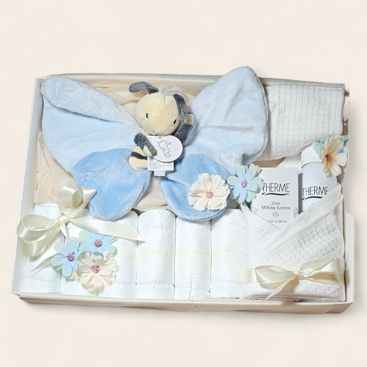 Luxe Kraamcadeau Baby en Mama – Cadeaubox met Happy Horse Knuffeldoekje, Luiers en Therme Zen
