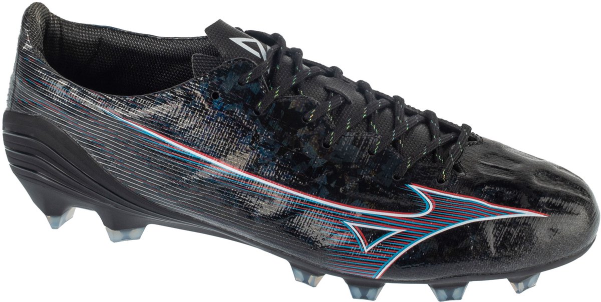 Mizuno Alpha Pro FG voetbalschoenen voor mannen, zwart, maat 44,5, gemaakt van synthetisch leder met kleurrijke accenten.