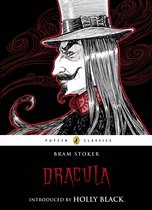 Illustratie van Graaf Dracula met hoge hoed en rode vlinderdas, titel 'Dracula' Puffin Classics.