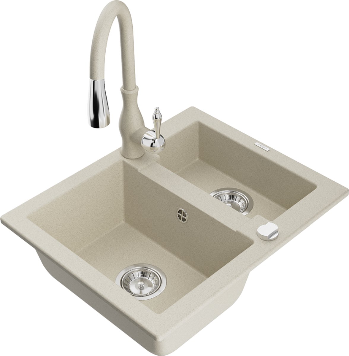 Mexen Carlos granieten gootsteen 1,5-kamer met keukenmengkraan Savita, beige - 6518-69-672