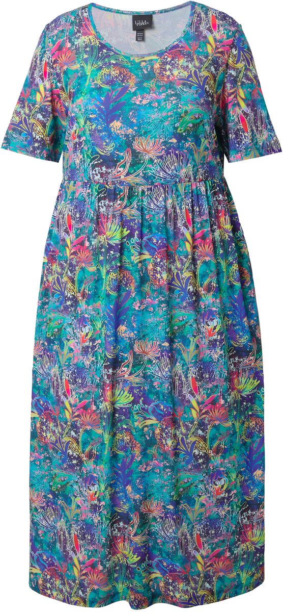 Ulla Popken Dames - Maxi-jurk A-lijn ronde hals korte mouwen zakken - Azuurblauw - Maat 66+