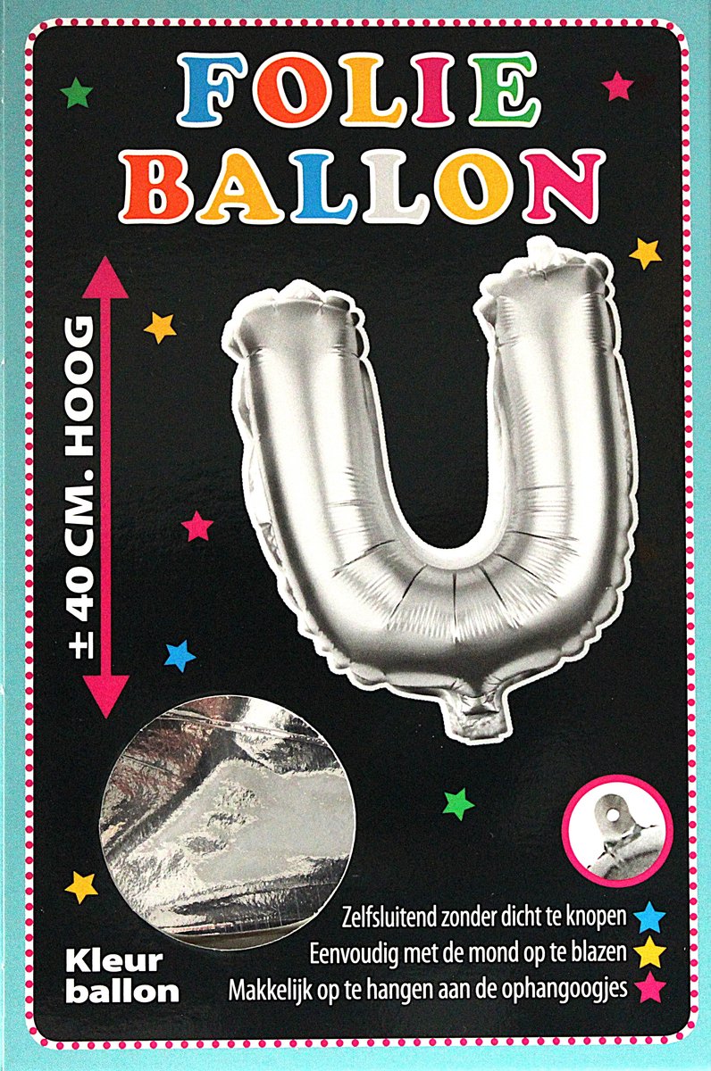 Folieballon - U - Letter Zilver - 40cm - Folie - Ballon - Zelfsluitend - Eenvoudig Met Mond Opblazen - Ophangoogjes - Touche Cards