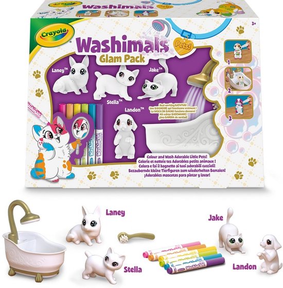 Crayola Washimals Glam Pack met 4 dieren en een badkuip. Bevat Laney, Stella, Landon, Jake en kleurpotloden.