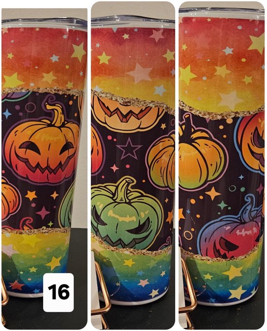 Tumbler met felgekleurde regenboog- en sterrenprint, versierd met lachende halloween pompoenen in oranje, groen en paars.