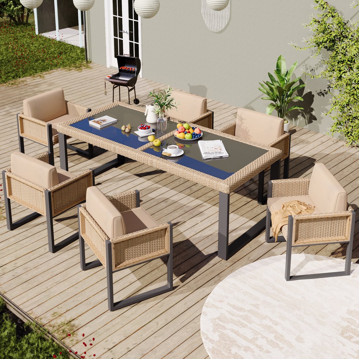 Polyrotan eettafel- en stoelenset, tuinmeubelen, 6-persoons tuin eetgroep met fauteuils, afneembare en wasbare stoffen hoezen