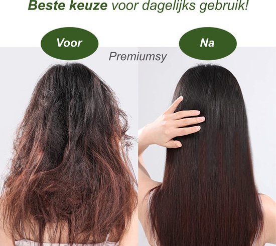 Voor en na foto: pluizig haar wordt glad en glanzend na gebruik.