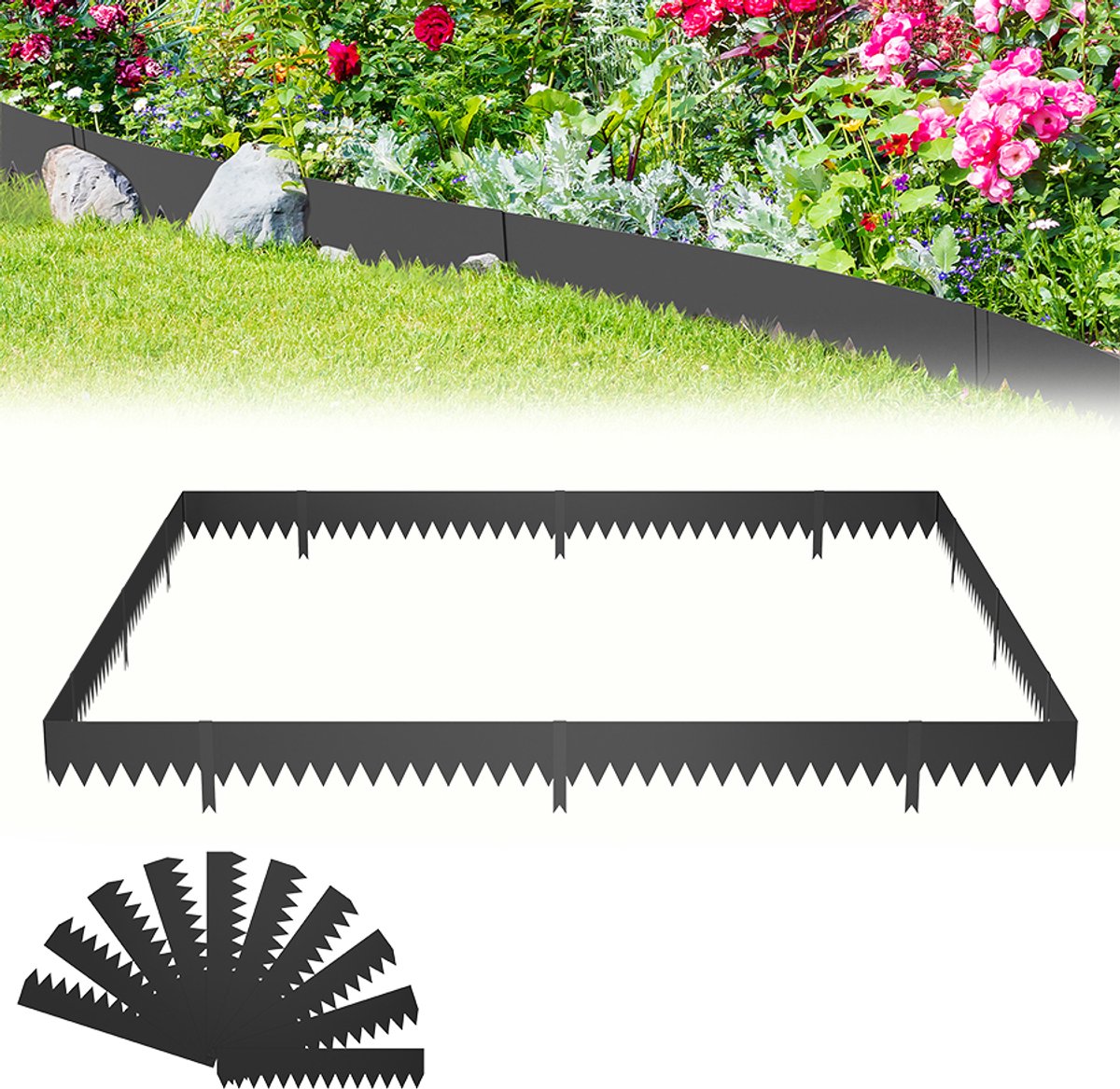 Aufun Gazonrandafwerking - 10 Delige Set - (Elk Stuk 100 cm × 20 cm) - Gegalvaniseerd Metaal - Totale Lengte 10,6 Meter - Zwart - Flexibele Gazonrandafwerking - Voor Tuin, Park, Boerderij