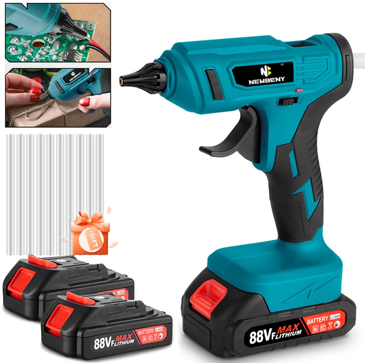 NewBeny Accu Lijmpistool - 280 °C Elektrisch lijmpistool - met 2x accu’s en 10 lijmsticks - snelle verwarming - voor doe-het-zelf, kunst, diverse materialen