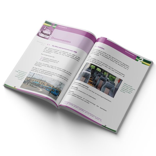 Open boek met paarse kaft, pagina's met tekst en afbeeldingen van busstoelen en een stadsbus, titels "Documenten".