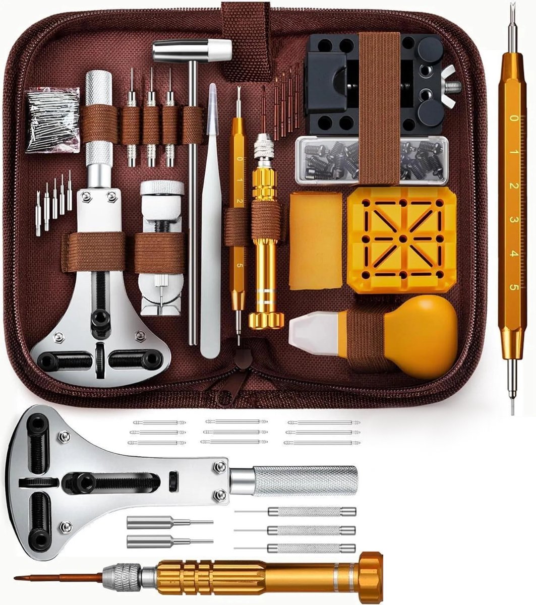 Horlogereparatieset, horlogemakersgereedschap, 149-delige set met gereedschap voor het verwijderen van horlogebandjes, een horlogeopener en een veerhendel.
