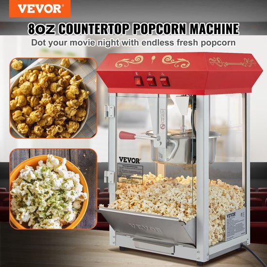 VEVOR Popcornmachine Maker Popcornmachine Popcornmachine 850W Popcorn 8oz Rood — afbeelding 4