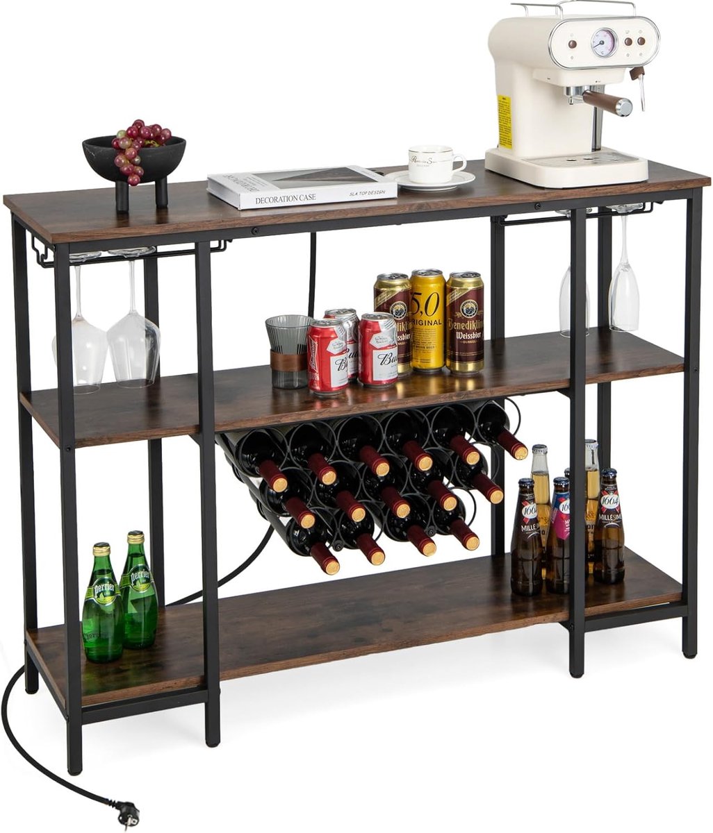 KOMFOTTEU Wijnrek met stopcontacten voor 15 flessen en glashouder, vrijstaand, multifunctioneel rek, keukenrek voor keuken, bar, 113 x 35 x 85 cm (bruin)